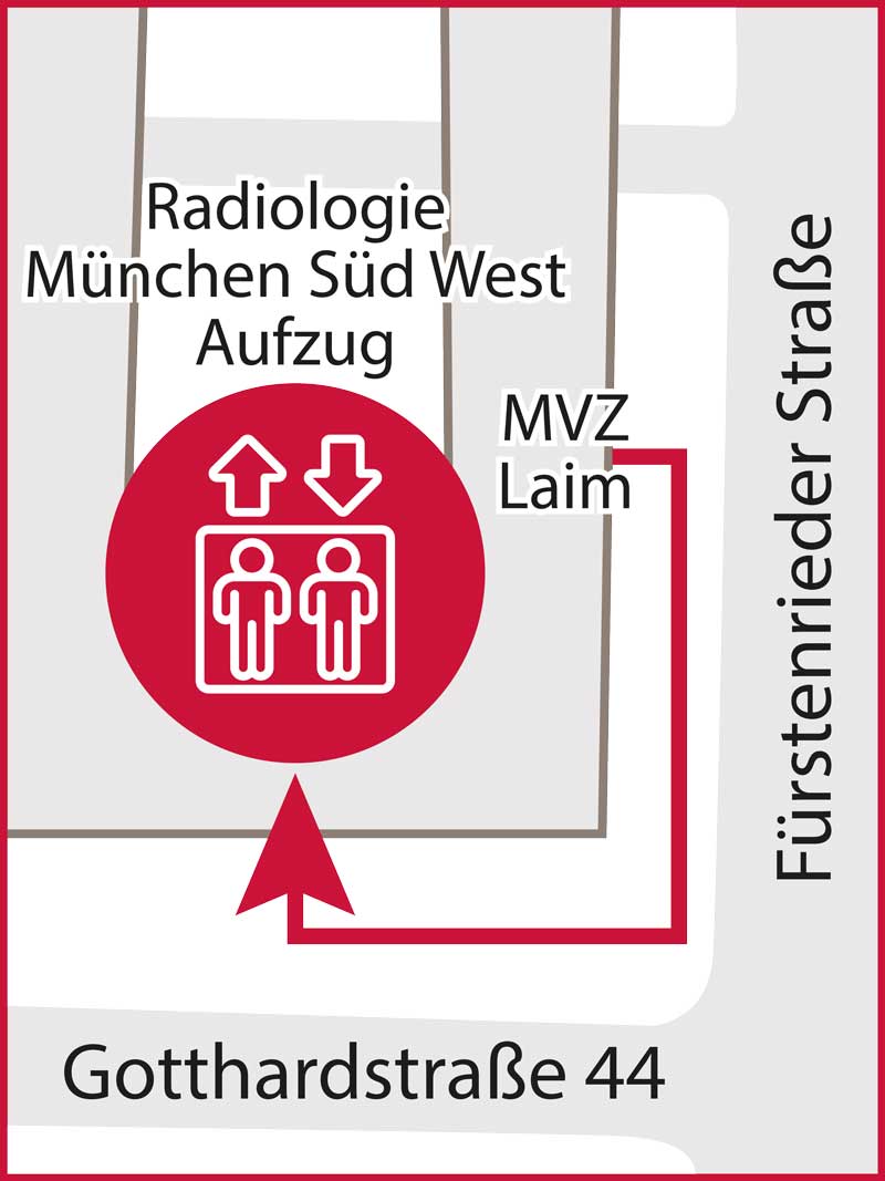 Wegbeschreibung zum Aufzug der Radiologie München Süd West