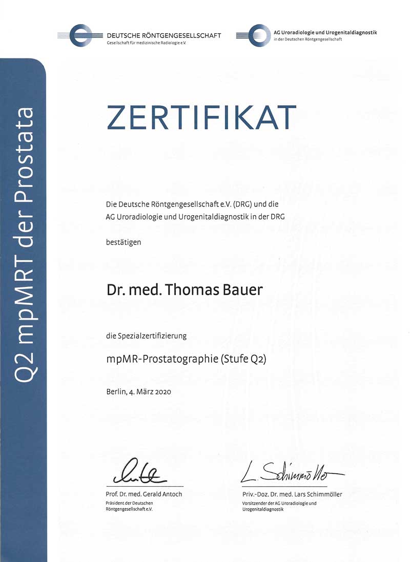 Q2-Zusatzqualifizierung mpMR-Prostatographie – offizielles Siegel der AG Uroradiologie und Urogenitaldiagnostik in der Deutschen Röntgengesellschaft für höchste Qualität in der multiparametrischen MRT der Prostata